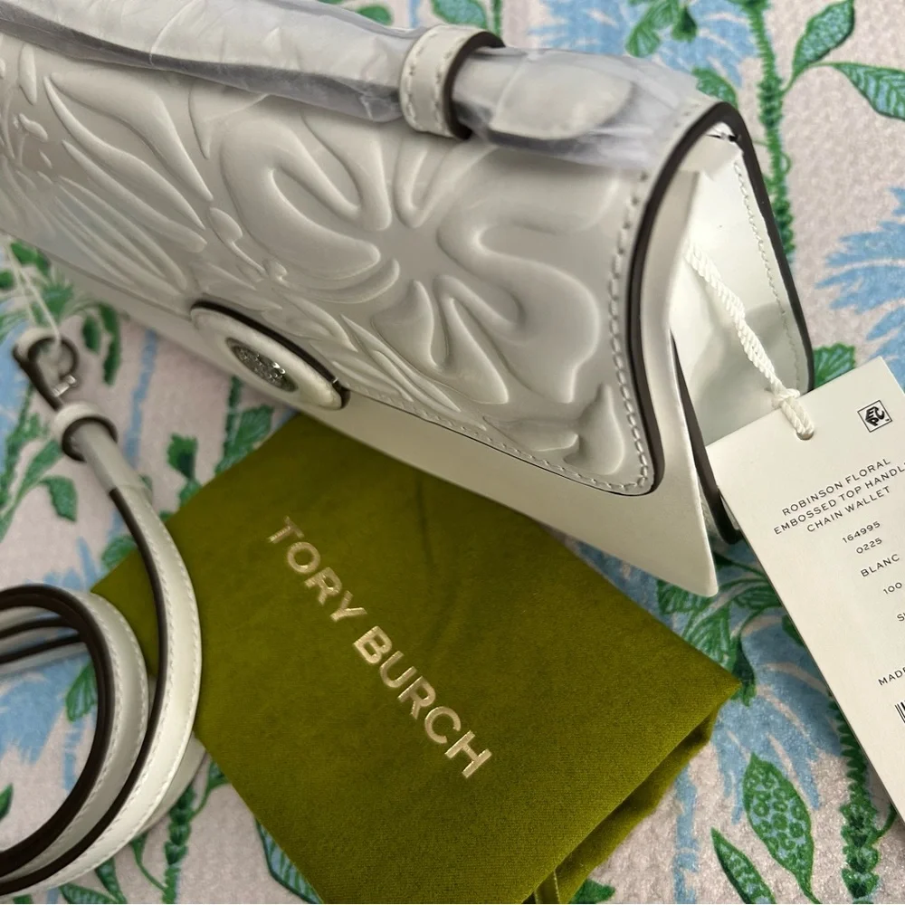 Tory Burch Robinson Embossed Floral Bag Blanc Leather New $340 - Picture 3 of 5